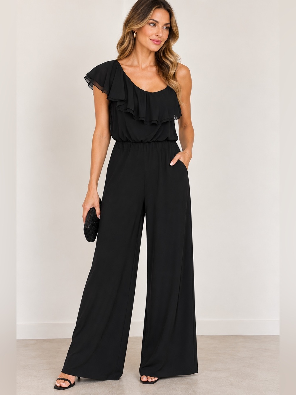 White House Black Market One Shoulder Ruffle Wide Leg Jumpsuit Black Size 6